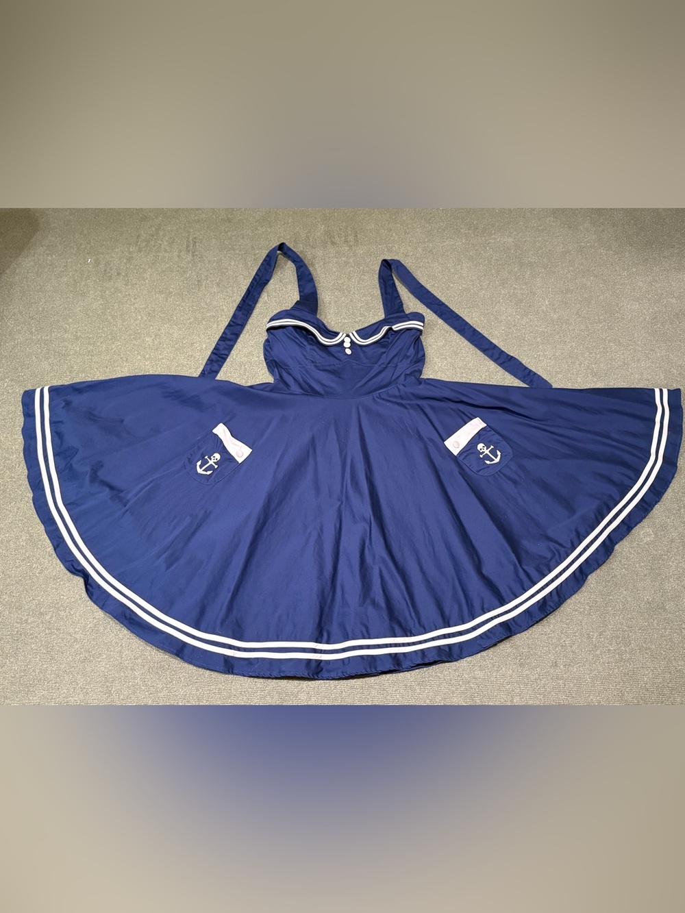 Hell Bunny Navy Sailor Tie Halter Midi Dress with White Trim, Pockets